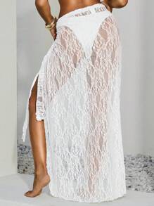 Opulessa Women  White Solid Color Knit Swimsuit With Knotted Waist Coverup & Mini Skirt For Summer Beach Vacation, Sarong, Elegant Style For Women,For Autumn And Winter