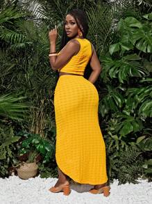 Slaydiva Nieuwe lente en zomer casual vakantie ronde hals mouwloos cropped vest + midden voorkant overlappende geplooide hoge split tot dij boog zoom asymmetrische zoom rok gele textuur stof dames tweedelige set