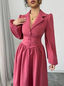 Modelyn Vestido casual de manga larga con botones delanteros de un solo color y pliegues sencillos para mujer - Rosa coral - Ver 5