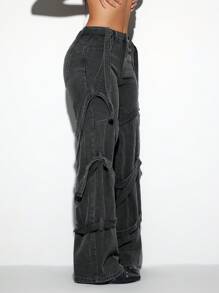 Jeanoix Retro Asymmetric Ribbon Embellished Boyfriend Style Women Jeans, Dystopian Aesthetic