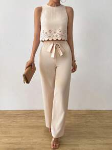 INAWLY Elegant Vacation Round Neck Camisole & Hollow Strap Straight Leg Pants 2pcs Casual Women Set