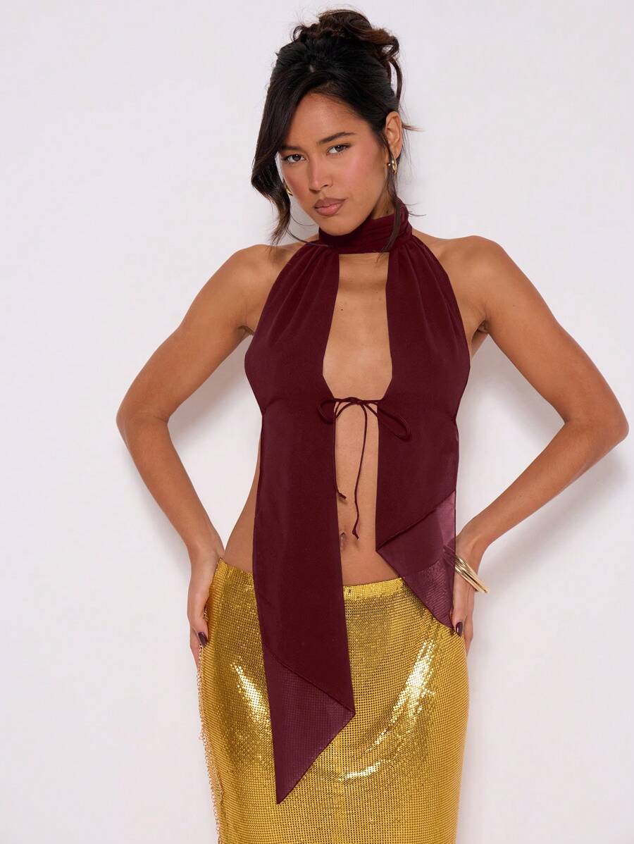 MUSERA Halter Neck Tie Front Backless Solid Top Party Birthday Ibiza Western Festival Rave Night Out Going Out Tops Club Fall Winter Summer Spring - Burgundy - View 1
