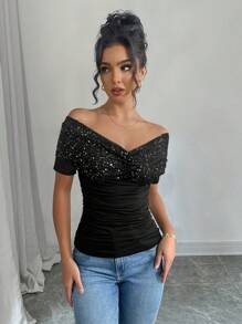 Chiquease 女士露肩亮片饰边休闲 T 恤，日常穿着水钻上衣 - 黑色 - 查看 3