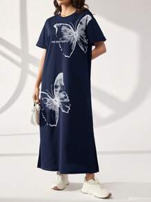 Mulvari Women Letter & Butterfly Print Casual Round Neck Loose Long Dress - Navy Blue - View 4