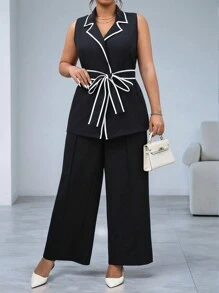 SHEIN Clasi Monochrome Contrast Sleeveless Plus Size Suit Set - Black and White - View 6