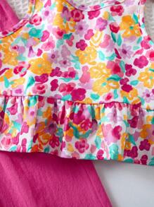 SHEIN LMoss Kids LMoss  Babygirl Summer Floral Print Casual Pants And Camisole Set - Hot Pink - View 8