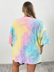 SHEIN CURVE+ Women's Tie Dye Printed Round Neck Short Sleeved T-Shirt In Plus Size For Summer - Multicolor - View 2