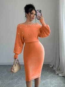 Chiquease New Knitted Button Women's Lantern Sleeve Sexy Slim Casual Sweater Dress - Orange - View 1