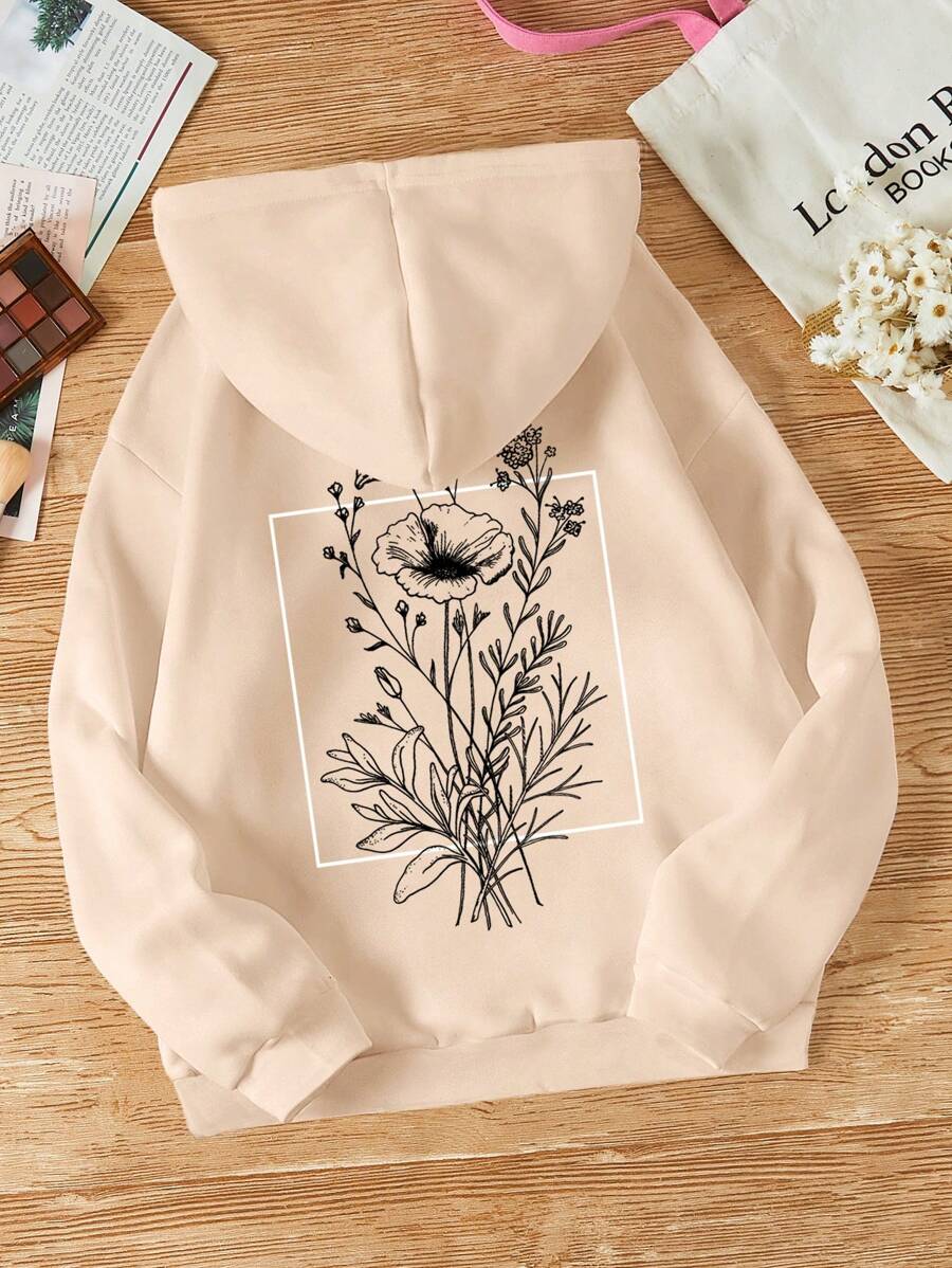 INAWLY Floral Print Kangaroo Pocket Drawstring Thermal Hoodie - Apricot - View 1
