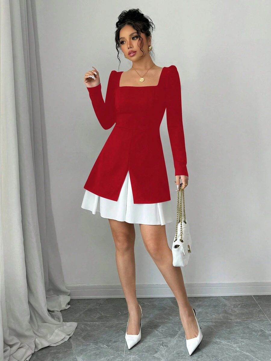 Elenzga Vestido Elegante e Romântico Feminino com Bainha Godê, Mangas Longas, Gola Quadrada e Cores Contrastantes - Vermelho - Visão 1
