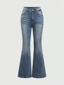 ROMWE Kawaii 性感优雅 Y2K 街头风辣妹喇叭牛仔裤，复古水洗水钻蝴蝶装饰长裤，夏季女式牛仔裤