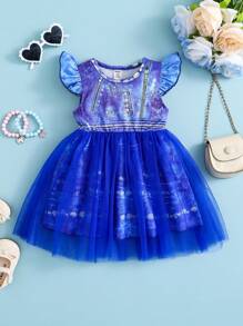 SHEIN Vestido casual de moda callejera elegante y divertido para bebés niñas con superposición de malla, adecuado para fiestas, cumpleaños, sesiones de fotos de festivales, primavera/verano