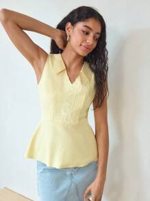 MOTF STUDIO CONTRAST LACE INSERT SLEEVELESS PEPLUM BLOUSE - Yellow - View 8