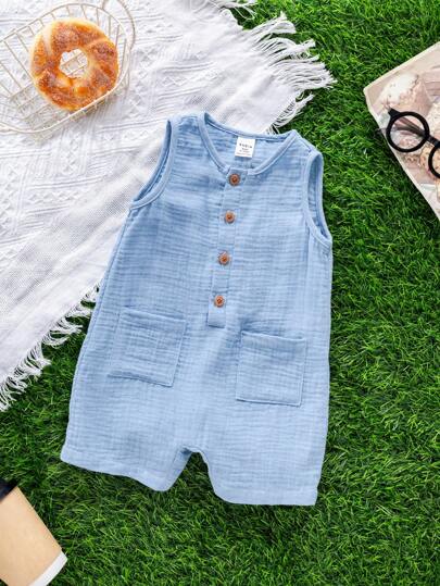 SHEIN Newborn Baby Boy Casual Summer Holiday Cute Blue Sleeveless Romper, Suitable For Birthday Party, Evening Party, Performance, Wedding, Full Moon Celebration, Baptism And 1 Year Old Celebration, Baby Shower