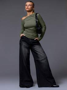 MUSERA Asymmetrical Neck Ruched Long Sleeve Top Casual Holiday , Autum, Winter, - Army Green - View 4