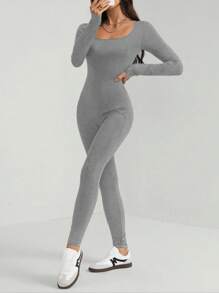 SHEIN Tall 优雅休闲纯色黑色长袖紧身连体裤，U 领 - 灰色 - 查看 6