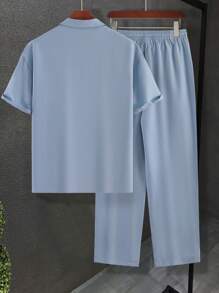 Manfinity Homme Loose Men's Solid Lapel Neck Shirt & Pants Set - Dusty Blue - View 2