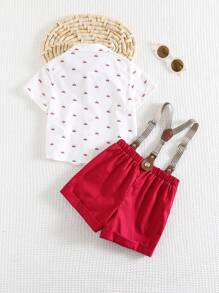 Cozy Pixies 2pcs Baby Boy Elegant Crown Pattern Contrast Color Bowknot Lapel Short Sleeve Shirt And Overalls Shorts Set, Formal Occasion - Burgundy - View 2