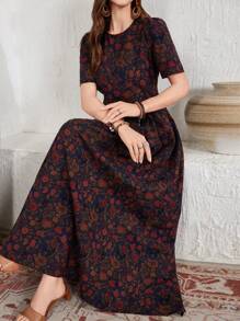 Lacomfia Váy vải lanh hoa nhỏ kiểu dáng chui đầu rộng rãi cho nữ có viền nhún - Nhiều màu - Xem 6