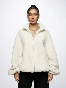 SUMWON WOMEN Luxury Sherpa Fleece Winter Zip-Up Jacket Cozy Teddy Bear Plush Outerwear With Premium Metal Hardware And Embroidered Logo Holiday Season Essential