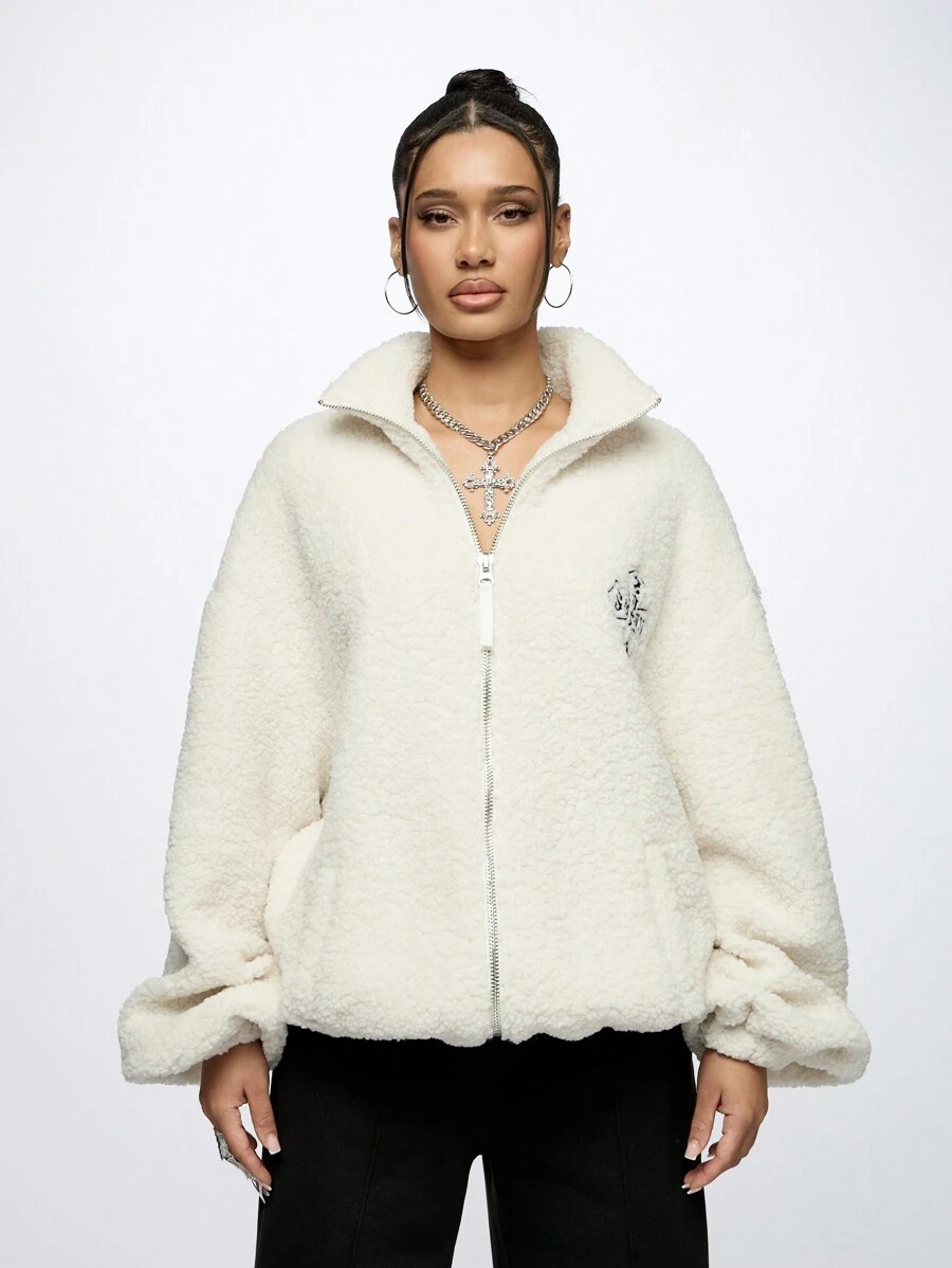 SUMWON WOMEN Luxury Sherpa Fleece Winter Zip-Up Jacket Cozy Teddy Bear Plush Outerwear With Premium Metal Hardware And Embroidered Logo Holiday Season Essential