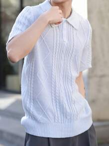 Claim Dot 男式纯色纽扣细节纹理休闲短袖针织上衣 - 白色 - 查看 6