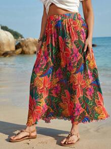 SHEIN VCAY Plus Size Boho Floral Print Skirt, Holiday Style, For Summer - Multicolor - View 6