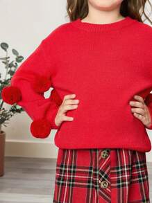 SHEIN Jersey de cuello redondo con textura y mangas abombadas para niñas pequeñas/jóvenes, apropiado para uso diario casual - Rojo - Ver 7