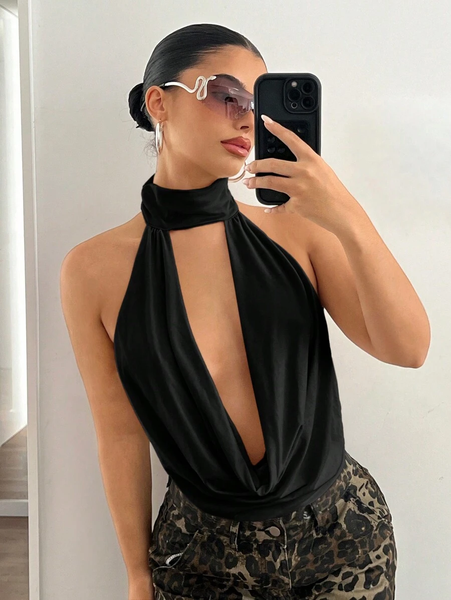 SHEIN ICON 纯色性感挂脖式垂坠露背背心 - 黑色 - 查看 1