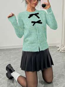 Selianne Women's Casual Bow Decor Mixed Material Cardigan, Autumn/Winter Fall Cloth For Women - Mint Green - View 3