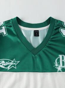 ROMWE MEN Prep Kaos Olahraga Pria Lengan Pendek Gaya Jersey Sepak Bola Kasual Musim Semi/Panas, Motif Grafis, Kain Jala, Motif Patchwork, Musim Panas - Hijau - View 4