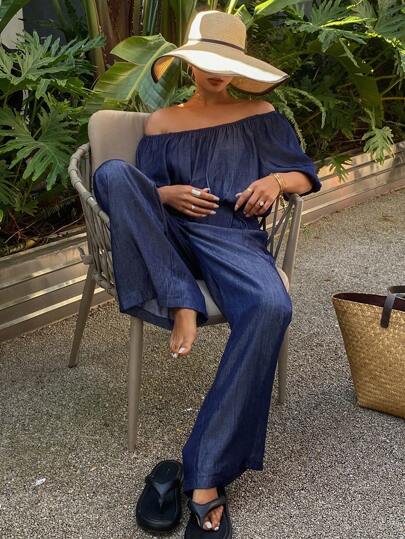 DAZY 夏季假期亚麻仿原色牛仔露肩休闲装套装