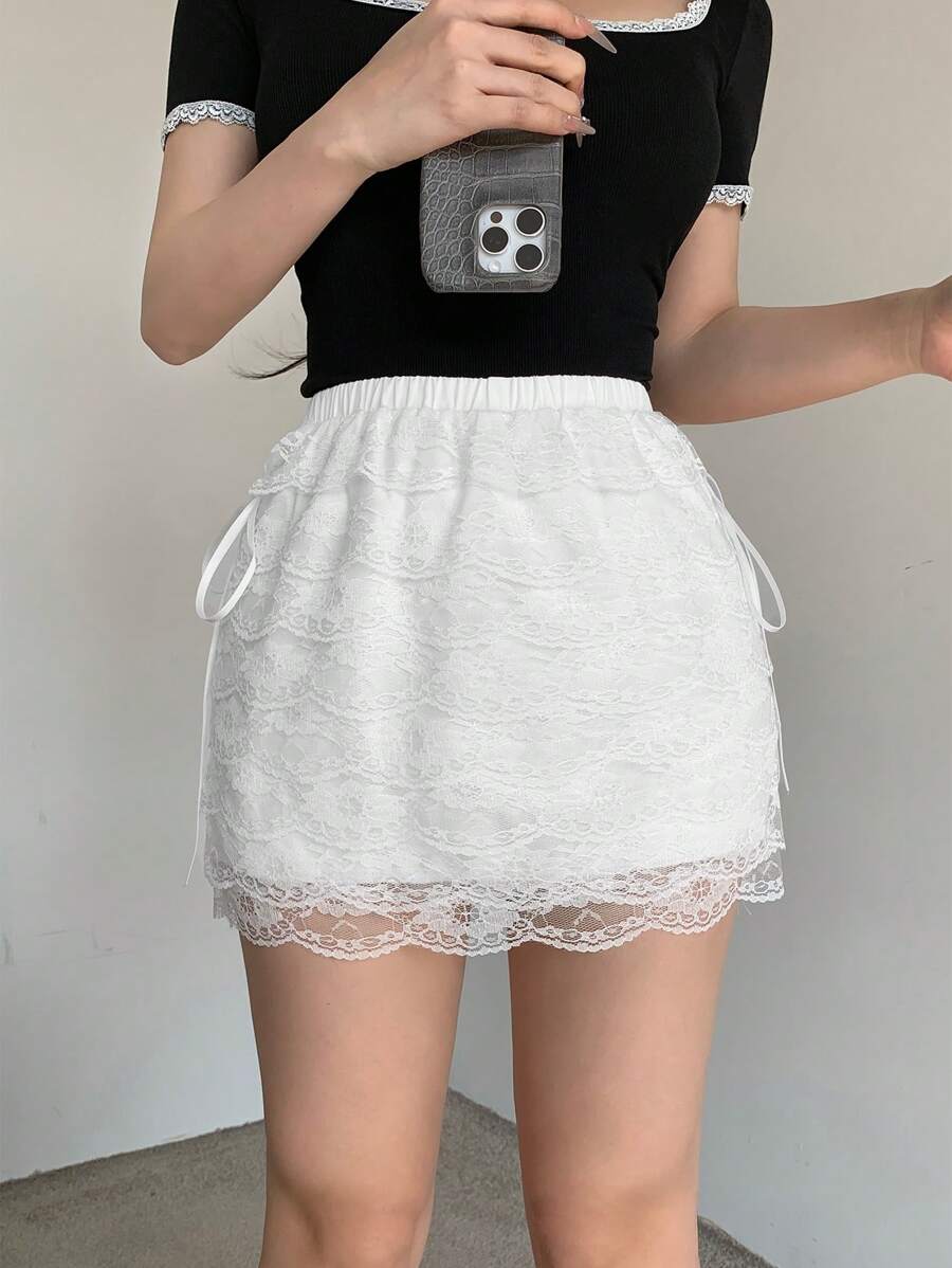 DAZY Falda acampanada de encaje con parches y lazo para mujer - Blanco - Ver 1