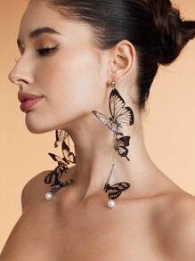 SHEIN BAE Hoa tai tua rua hình bướm Acrylic dài, phong cách giản dị tối giản hàng ngày - màu đen - Xem 4