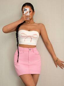 SHEIN EZwear Casual Pink Denim Mini Skort For Women With Plain Pattern And Zipper Closure - Pink - View 5