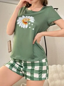 女士睡衣套装：菊花印花无袖上衣和短裤 - 彩色 - 查看 4