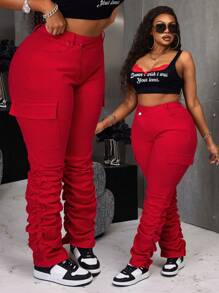 Plus Size Women Red Denim Elastic Personalized Extra Long Harem Pants - Red - View 1