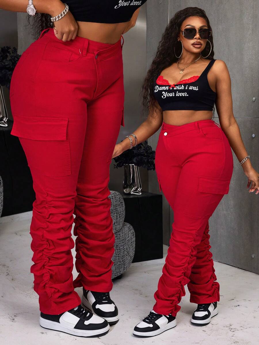 Plus Size Women Red Denim Elastic Personalized Extra Long Harem Pants - Red - View 1