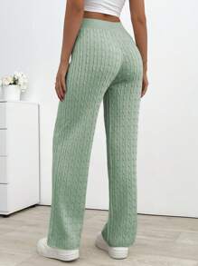 SHEIN Cottnline 纹理纯色弹性腰带针织裤 - 薄荷綠 - 查看 2