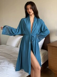 DAZY Plain Color Ruched Collar Lace Splice Bathrobe Pajama - Blue - View 4