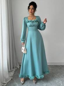 Modelyn Solid Color Square Neckline Ruffled Decor Cinching Waist Dress Maxi Women Outfit Long Evening Dresses - Green - View 6