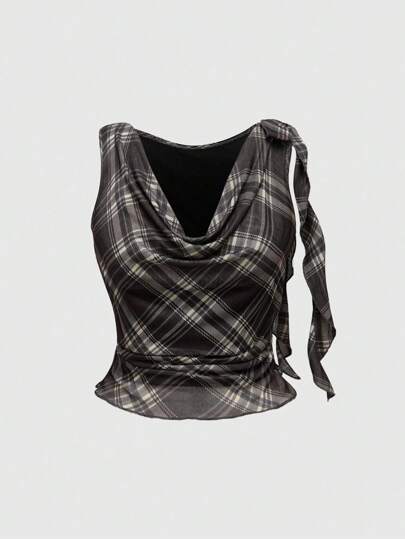 J-Fashion Top canotta da donna con scollo fuori spalla a quadri e lacci sulle spalle, stile vintage Y2K, convertibile da scollo fuori spalla a scollo ampio e morbido