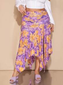 SHEIN BAE Falda maxi con estampado floral asimétrico y abertura para mujer talla grande, para el verano