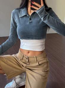 DAZY 女士休闲翻领长袖牛仔夹克，秋季服装 - 淺色水洗藍 - 查看 2