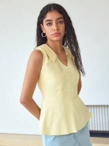 MOTF STUDIO CONTRAST LACE INSERT SLEEVELESS PEPLUM BLOUSE - Yellow - View 5