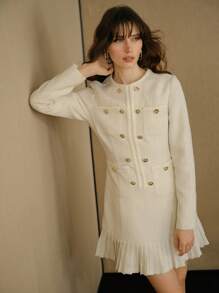 MOTF STUDIO TWEED PATCH POCKET BUTTON DETAIL PLEATED HEM SHORT DRESS - White - View 5