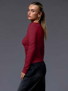 MUSERA Asymmetrical Neck Ruched Long Sleeve Top Casual - Burgundy - View 2