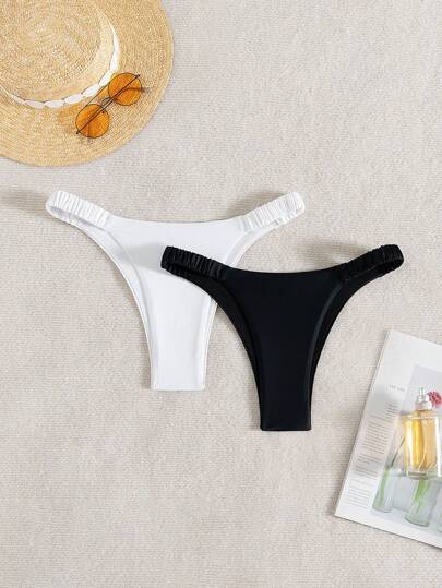 SHEIN Swim 2pcs/Pack Black/White Women Sexy Bikini Bottom Swimwear For Summer Beach Vacation