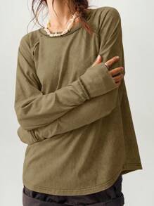 Bohemela Camiseta holgada de mujer de cuello redondo, de manga larga, de punto, de color liso