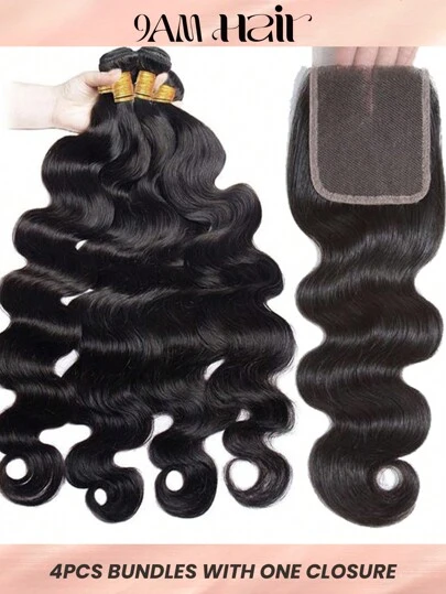 4 st. Kropp Våg Med 4*4 Spets Stängningslås Människa Hår Obearbetad Virgin mänskligt hår Väver